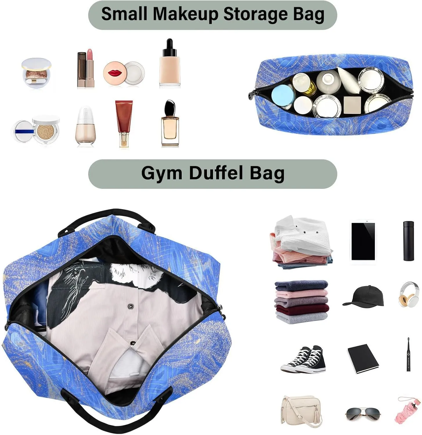 Aslsiy Travel Duffel Bags for Women Blue Golden Marble Texture Weekender Bags Sports Duffel Bags Gym Bag with Toiletry Bag Carry on Overnight Bag
