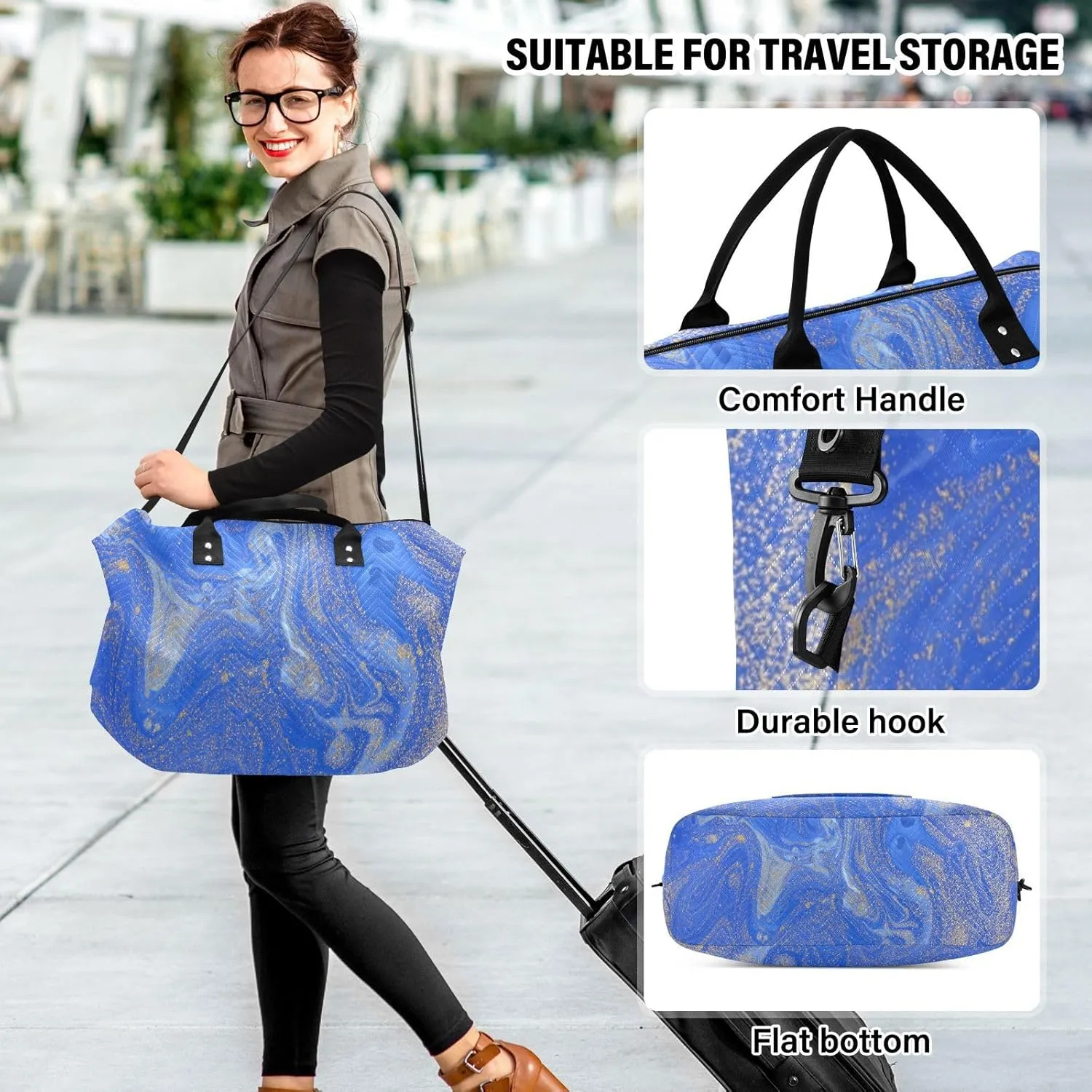 Aslsiy Travel Duffel Bags for Women Blue Golden Marble Texture Weekender Bags Sports Duffel Bags Gym Bag with Toiletry Bag Carry on Overnight Bag