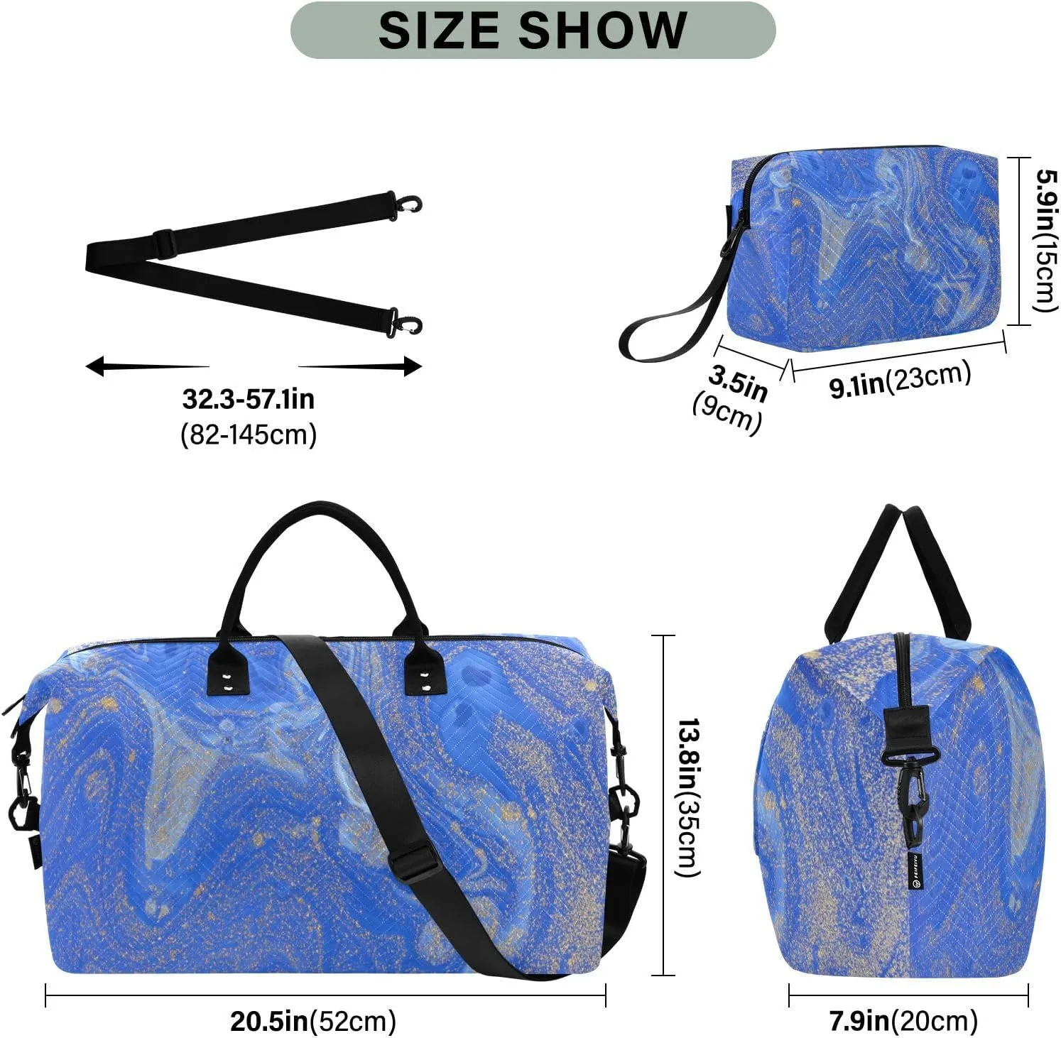 Aslsiy Travel Duffel Bags for Women Blue Golden Marble Texture Weekender Bags Sports Duffel Bags Gym Bag with Toiletry Bag Carry on Overnight Bag