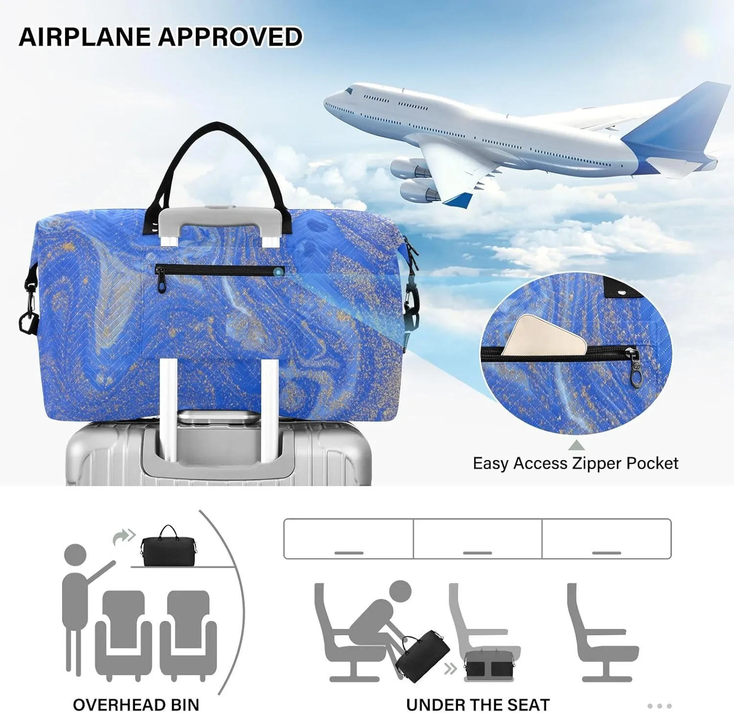 Aslsiy Travel Duffel Bags for Women Blue Golden Marble Texture Weekender Bags Sports Duffel Bags Gym Bag with Toiletry Bag Carry on Overnight Bag