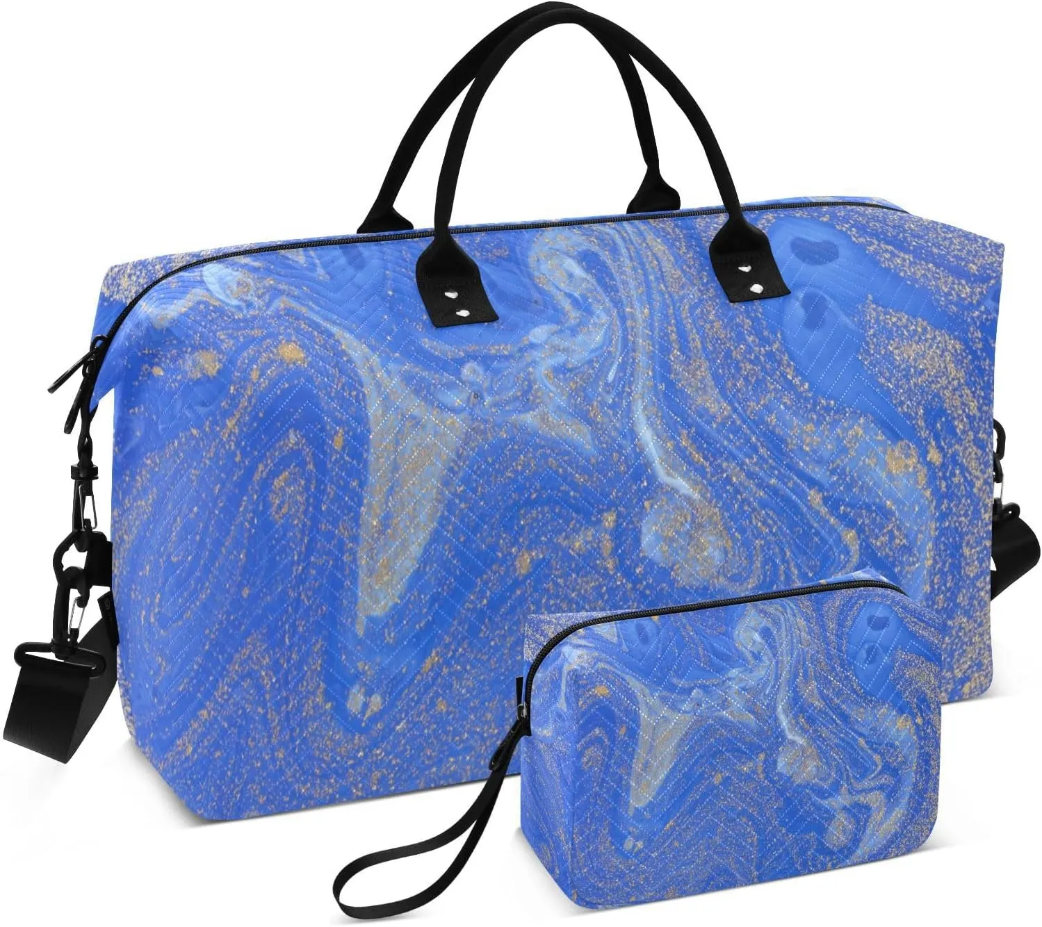Aslsiy Travel Duffel Bags for Women Blue Golden Marble Texture Weekender Bags Sports Duffel Bags Gym Bag with Toiletry Bag Carry on Overnight Bag