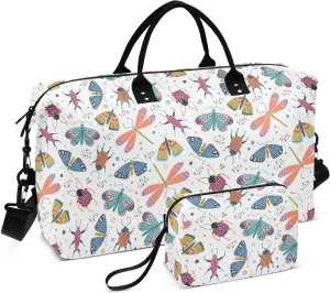 Aslsiy Travel Duffel Bags for Women Butterfly Beetle Dragonfly Bug Sport Duffel Bag White Weekender Bags Gym Bag with Toiletry Bag Carry on Overnight Bag