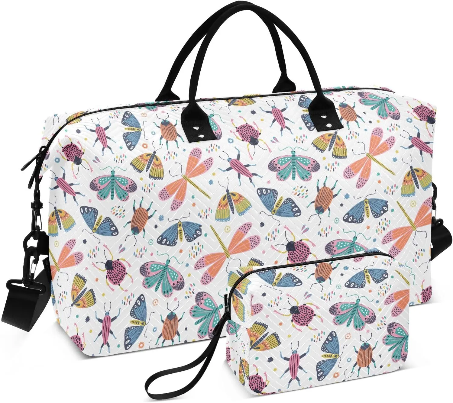 Aslsiy Travel Duffel Bags for Women Butterfly Beetle Dragonfly Bug Sport Duffel Bag White Weekender Bags Gym Bag with Toiletry Bag Carry on Overnight Bag