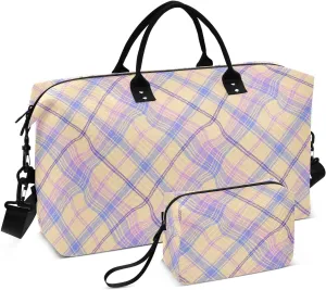 Aslsiy Travel Duffel Bags for Women Check Plaid Khaki Sports Duffel Bag Visual Illusion Weekender Bags Gym Bag with Toiletry Bag Carry on Overnight Bag
