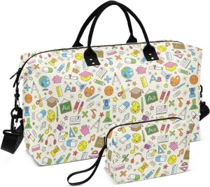 Aslsiy Travel Duffel Bags for Women Colorful Education Icons Sports Duffel Bag Ball Book Weekender Bags Gym Bag with Toiletry Bag Carry on Overnight Bag