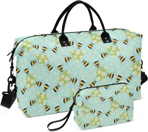Aslsiy Travel Duffel Bags for Women Cute Busy Bees Daisy Sports Duffel Bags Blue Weekender Bags Gym Bag with Toiletry Bag Carry on Overnight Bag