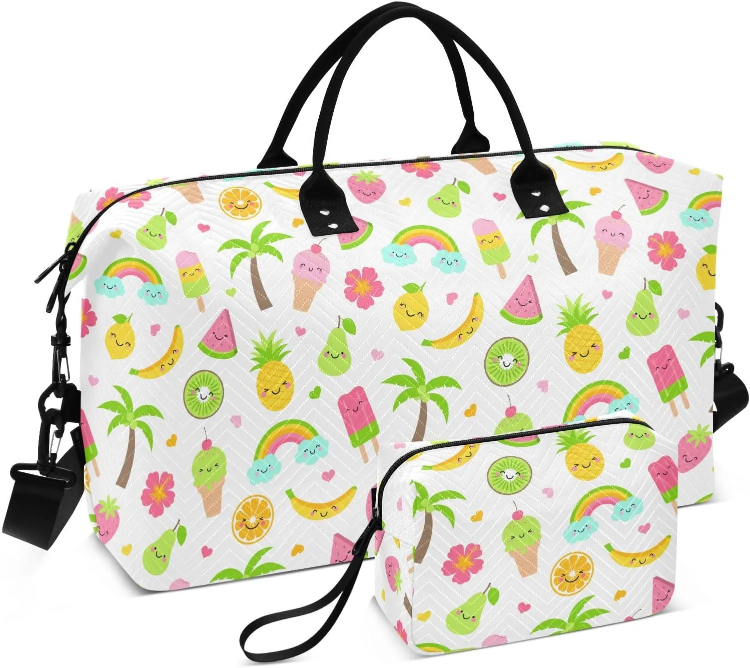 Aslsiy Travel Duffel Bags for Women Cute Fruits Desserts Sports Duffel Bag Coconut Tree Weekender Bags Gym Bag with Toiletry Bag Carry on Overnight Bag