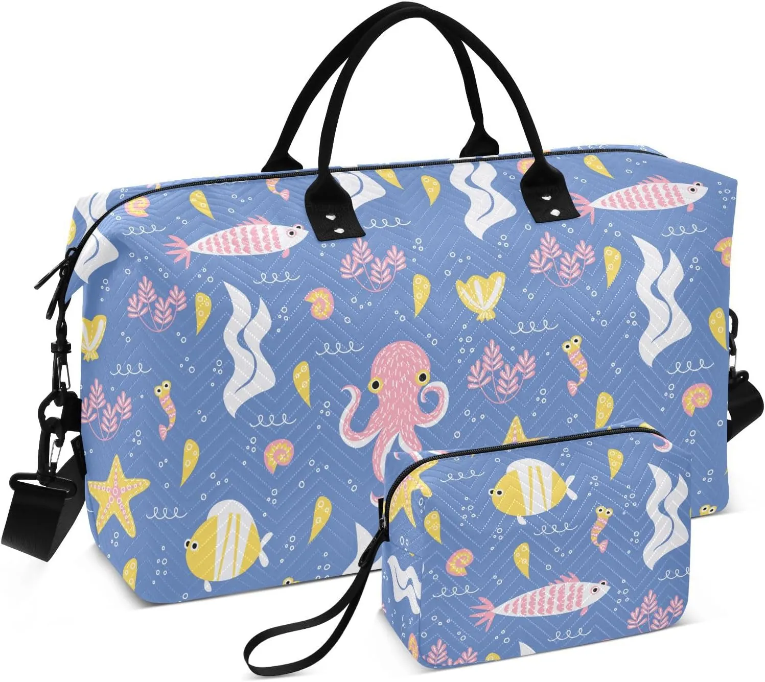 Aslsiy Travel Duffel Bags for Women Fish Octopus Sea Star Sport Duffel Bag Shell Seaweed Weekender Bag Gym Bag with Toiletry Bag Carry on Overnight Bag