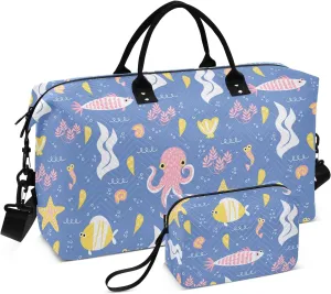 Aslsiy Travel Duffel Bags for Women Fish Octopus Sea Star Sport Duffel Bag Shell Seaweed Weekender Bag Gym Bag with Toiletry Bag Carry on Overnight Bag