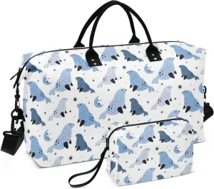 Aslsiy Travel Duffel Bags for Women Fur Seals Moon Stars Sports Duffel Bags White Weekender Bags Gym Bag with Toiletry Bag Carry on Overnight Bag
