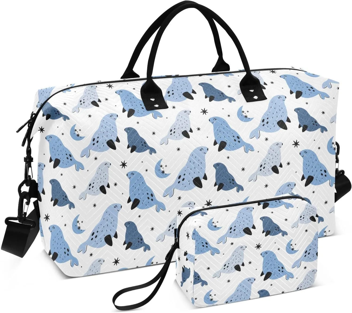 Aslsiy Travel Duffel Bags for Women Fur Seals Moon Stars Sports Duffel Bags White Weekender Bags Gym Bag with Toiletry Bag Carry on Overnight Bag