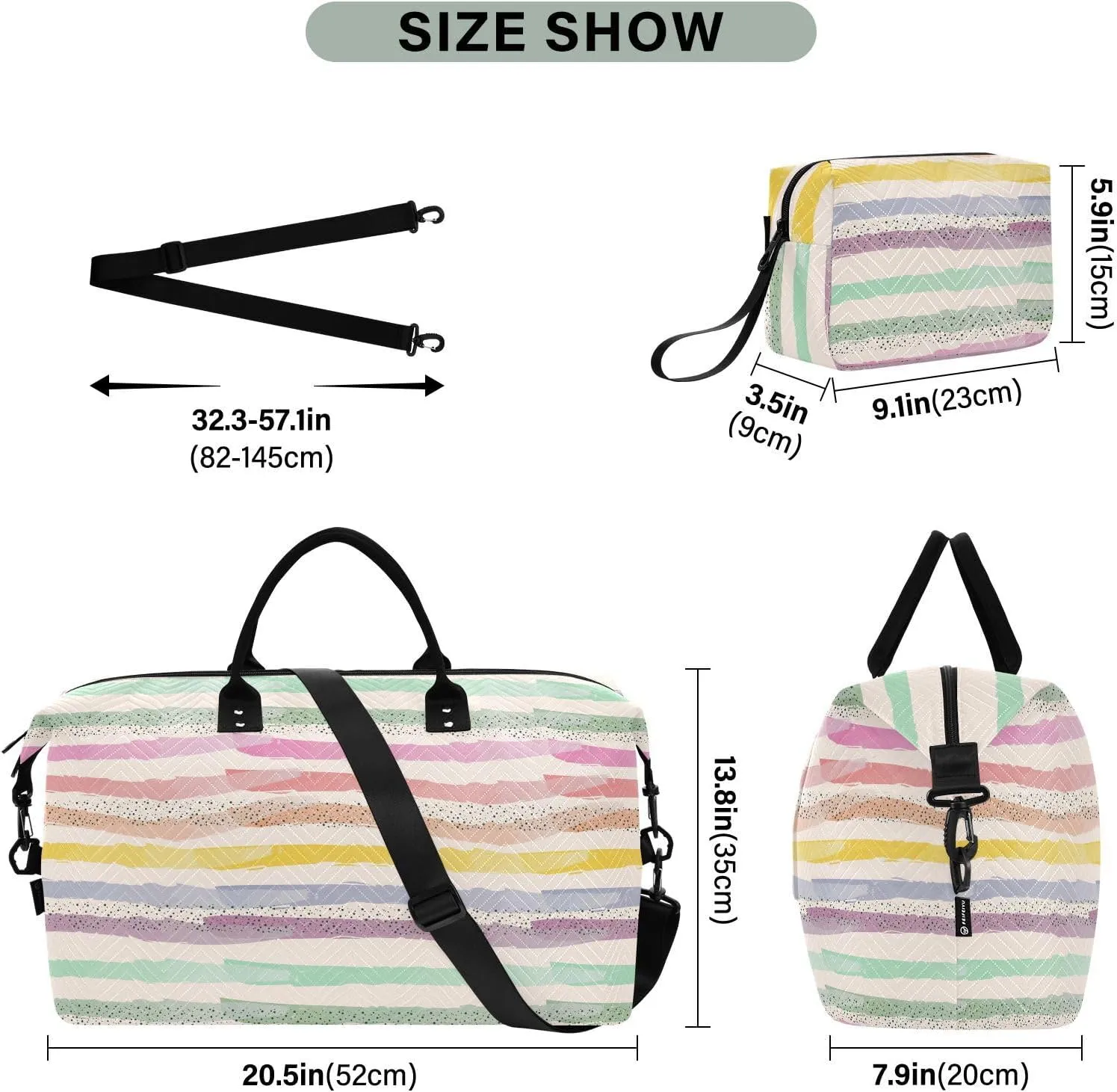 Aslsiy Travel Duffel Bags for Women Horizontal Stripes and Dots Sports Duffel Bags Weekender Bags Gym Bag with Toiletry Bag Carry on Overnight Bag
