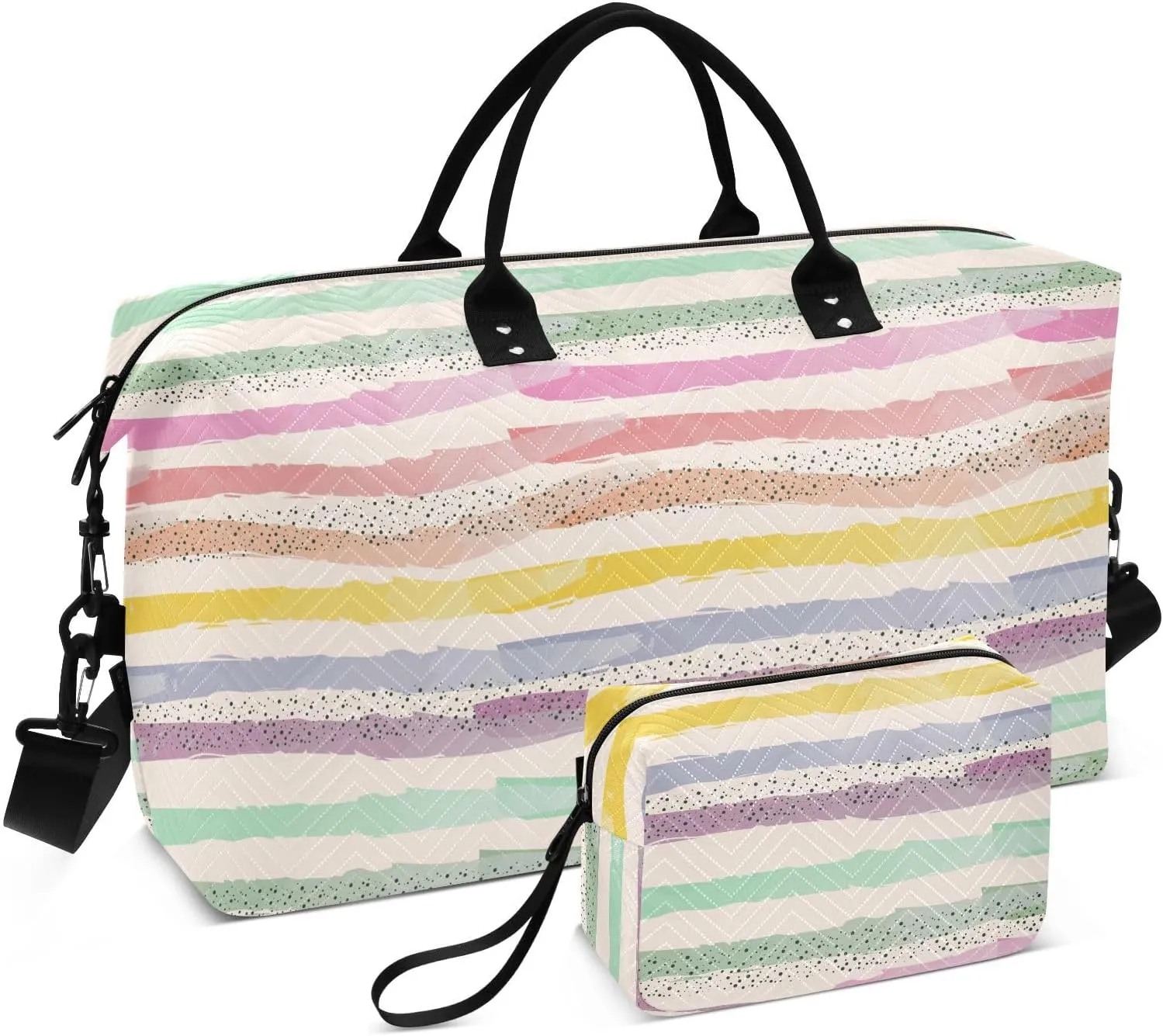Aslsiy Travel Duffel Bags for Women Horizontal Stripes and Dots Sports Duffel Bags Weekender Bags Gym Bag with Toiletry Bag Carry on Overnight Bag
