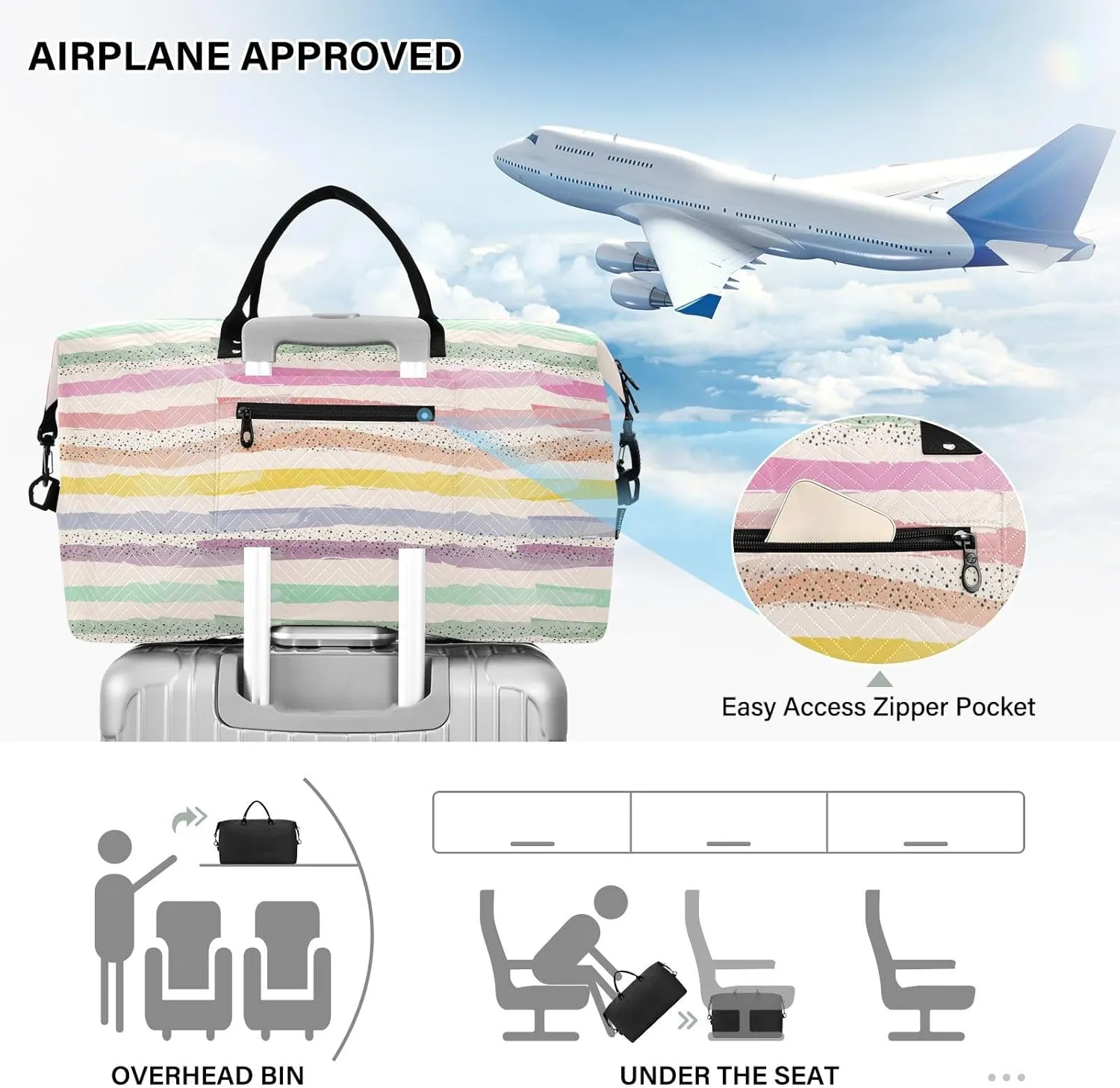 Aslsiy Travel Duffel Bags for Women Horizontal Stripes and Dots Sports Duffel Bags Weekender Bags Gym Bag with Toiletry Bag Carry on Overnight Bag