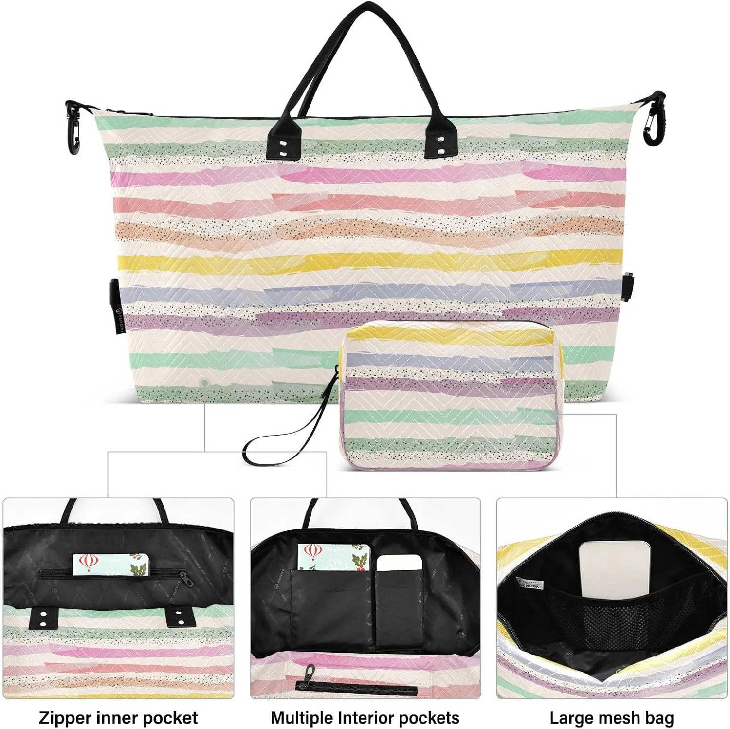 Aslsiy Travel Duffel Bags for Women Horizontal Stripes and Dots Sports Duffel Bags Weekender Bags Gym Bag with Toiletry Bag Carry on Overnight Bag