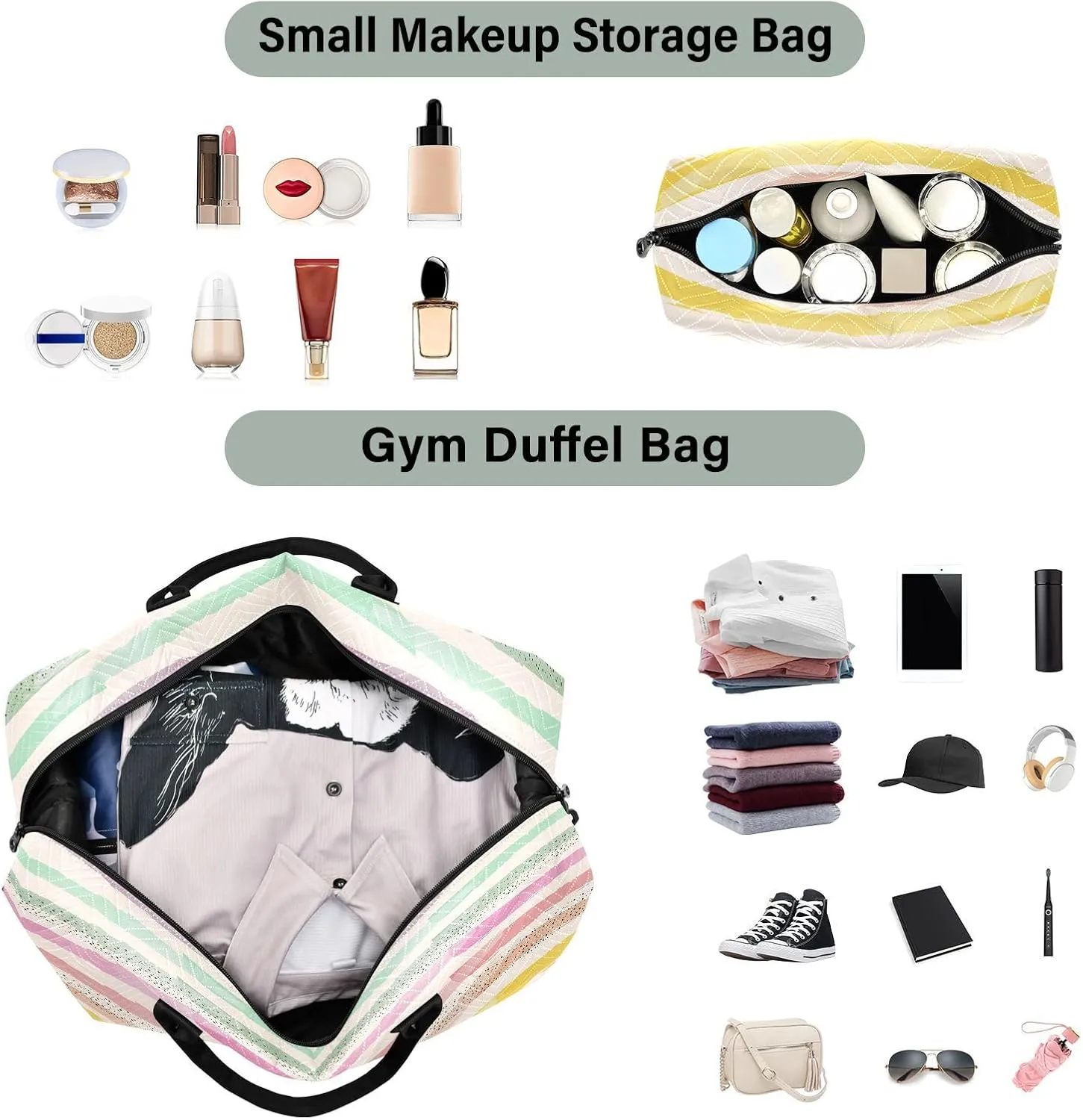 Aslsiy Travel Duffel Bags for Women Horizontal Stripes and Dots Sports Duffel Bags Weekender Bags Gym Bag with Toiletry Bag Carry on Overnight Bag