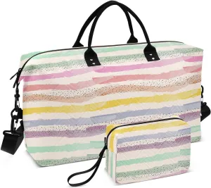 Aslsiy Travel Duffel Bags for Women Horizontal Stripes and Dots Sports Duffel Bags Weekender Bags Gym Bag with Toiletry Bag Carry on Overnight Bag