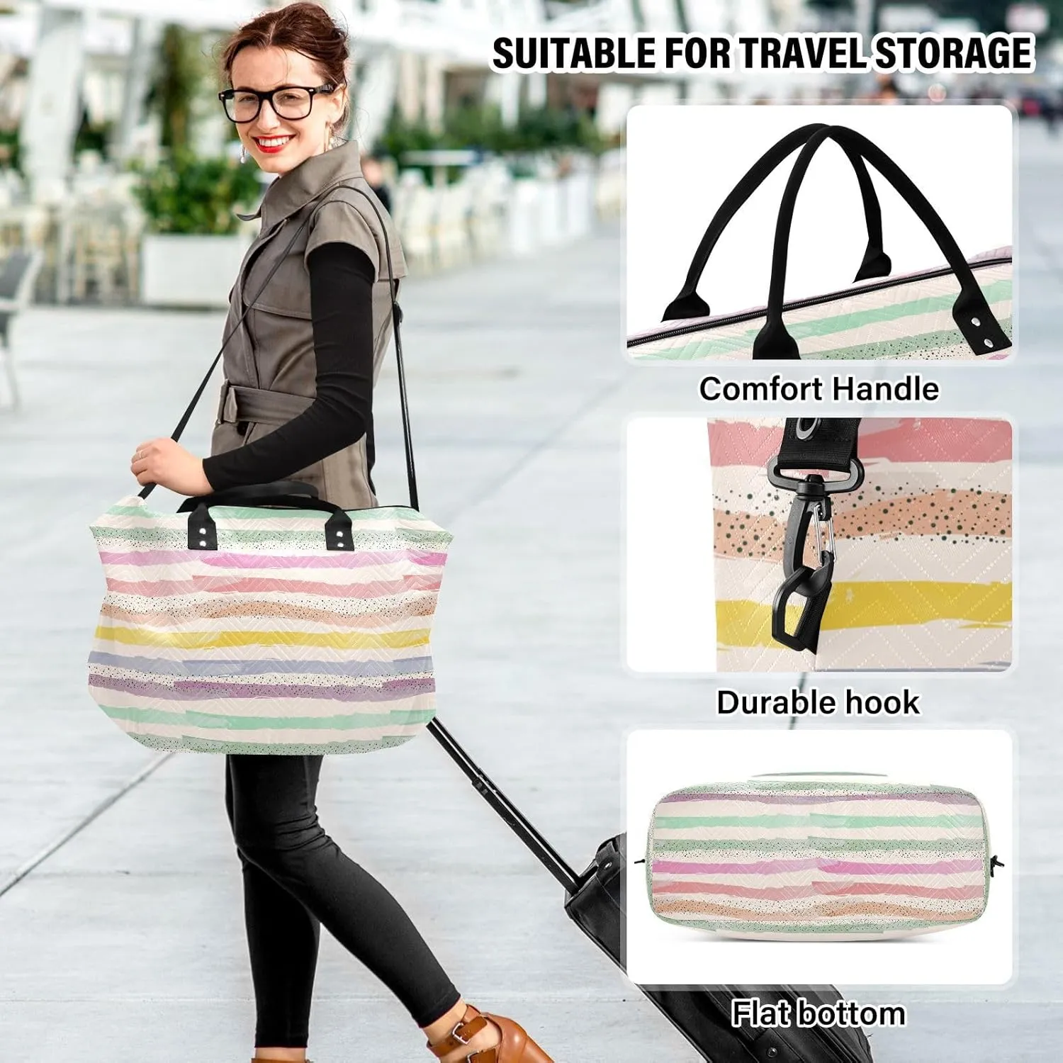Aslsiy Travel Duffel Bags for Women Horizontal Stripes and Dots Sports Duffel Bags Weekender Bags Gym Bag with Toiletry Bag Carry on Overnight Bag