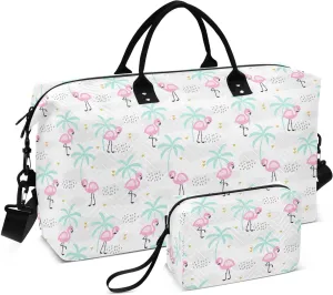 Aslsiy Travel Duffel Bags for Women Kawaii Pink Flamingo Sports Duffel Bag Coconut Tree Weekender Bags Gym Bag with Toiletry Bag Carry on Overnight Bag