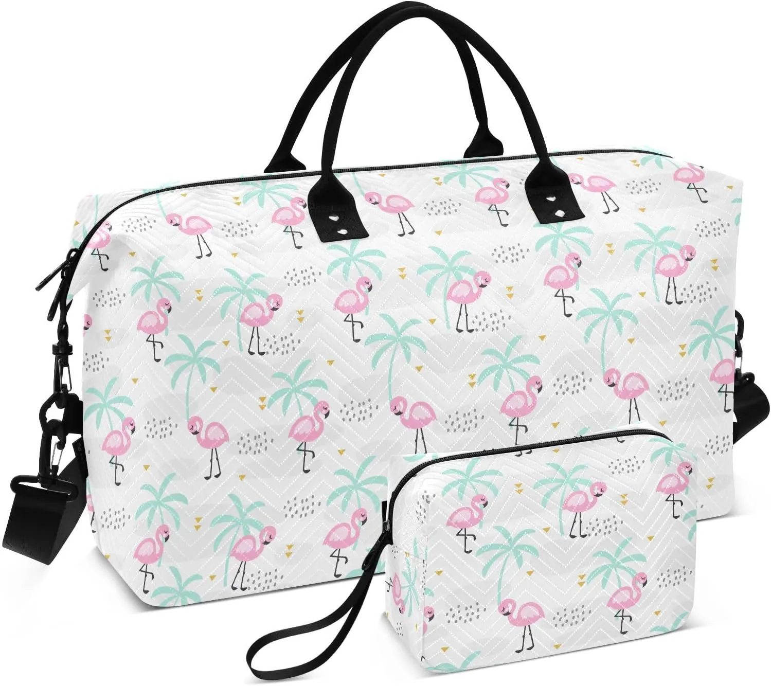 Aslsiy Travel Duffel Bags for Women Kawaii Pink Flamingo Sports Duffel Bag Coconut Tree Weekender Bags Gym Bag with Toiletry Bag Carry on Overnight Bag