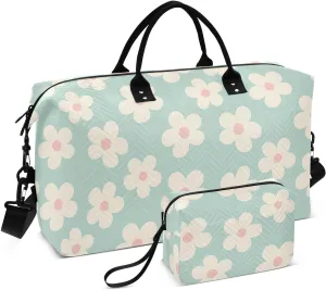 Aslsiy Travel Duffel Bags for Women Naive Floral Daisy Flower Sports Duffel Bag Green Weekender Bags Gym Bag with Toiletry Bag Carry on Overnight Bag
