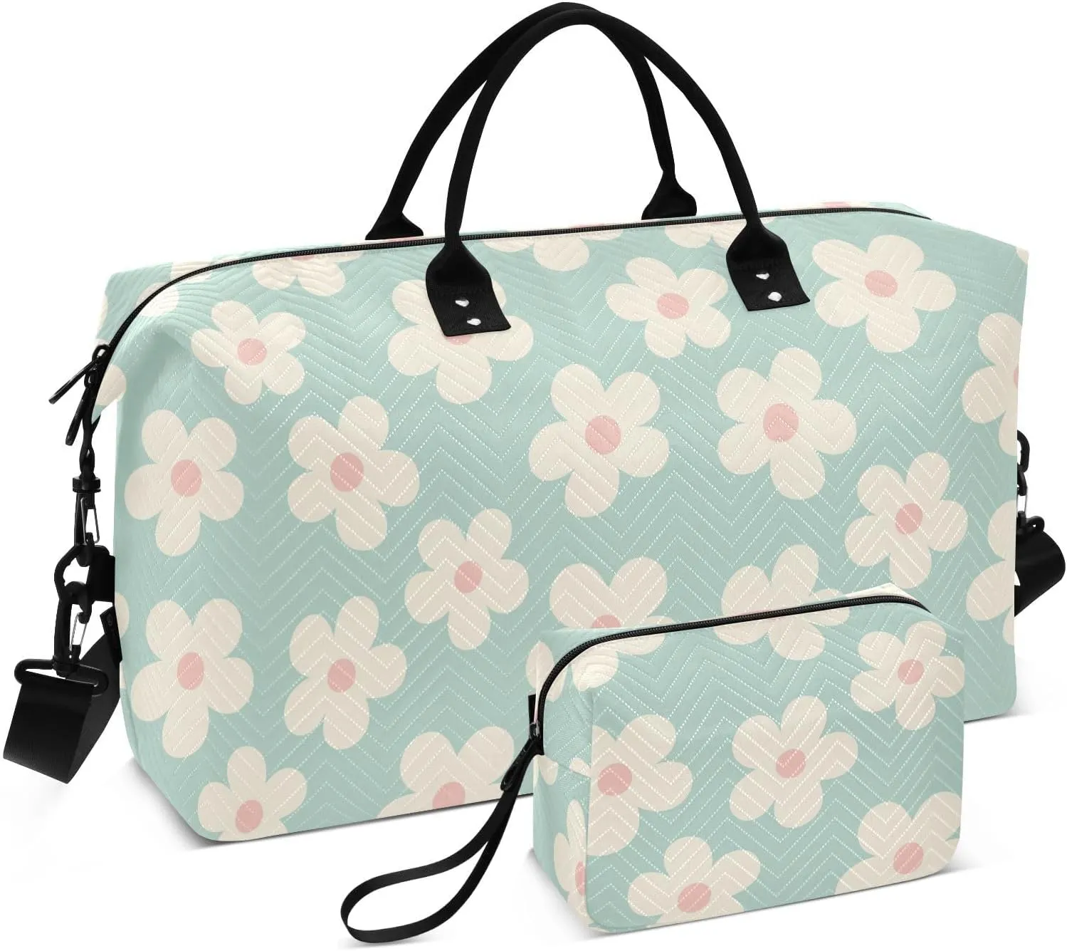 Aslsiy Travel Duffel Bags for Women Naive Floral Daisy Flower Sports Duffel Bag Green Weekender Bags Gym Bag with Toiletry Bag Carry on Overnight Bag