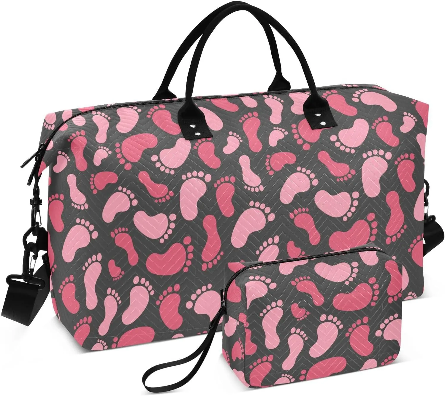Aslsiy Travel Duffel Bags for Women Pink Human Footprints Sports Duffel Bag Black Weekender Bags Gym Bag with Toiletry Bag Carry on Overnight Bag