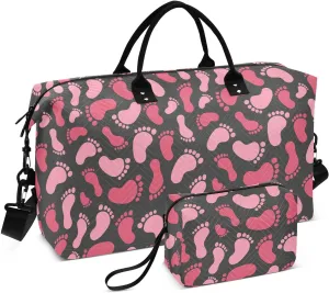 Aslsiy Travel Duffel Bags for Women Pink Human Footprints Sports Duffel Bag Black Weekender Bags Gym Bag with Toiletry Bag Carry on Overnight Bag