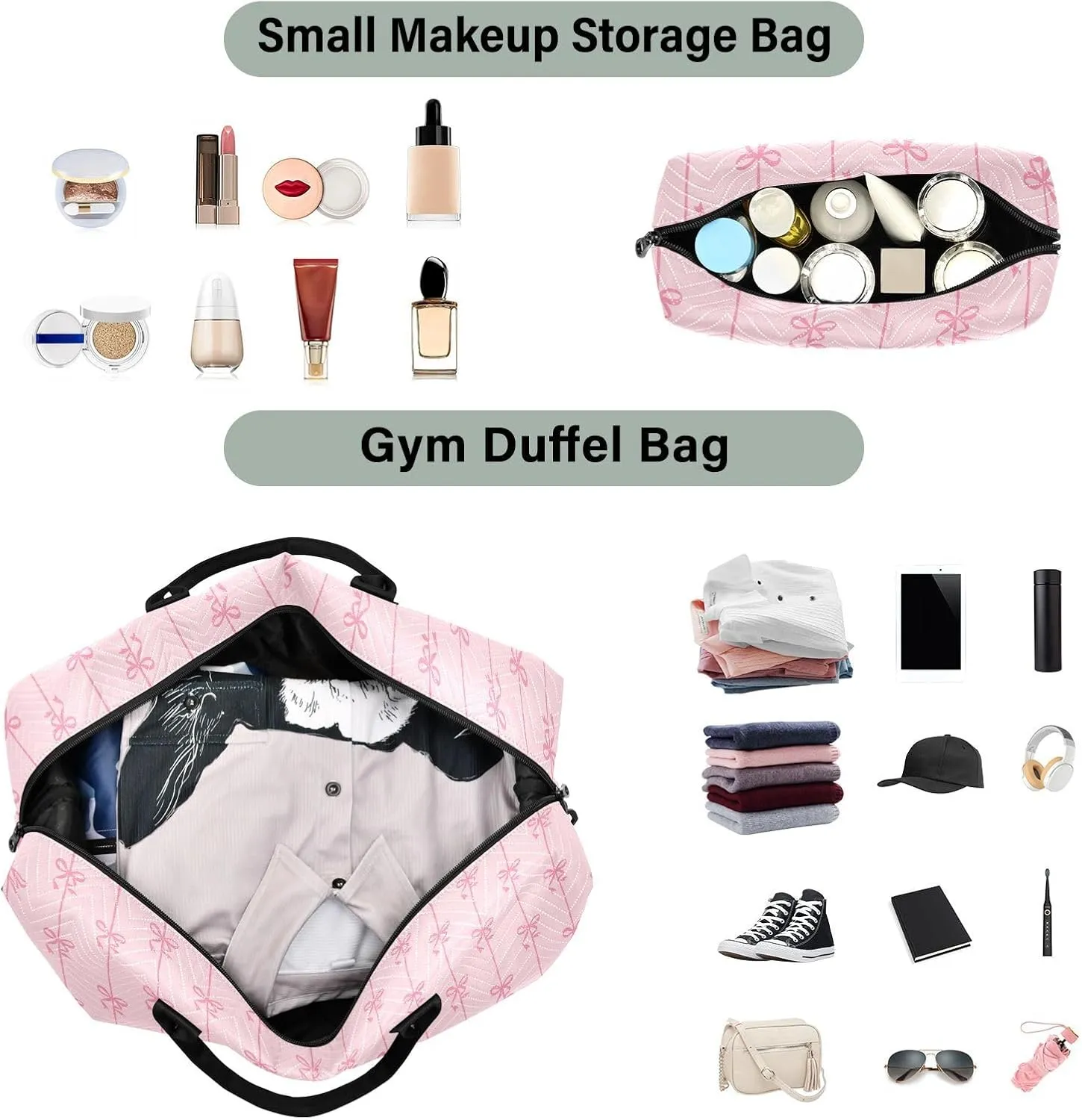 Aslsiy Travel Duffel Bags for Women Ribbons Bow Coquette Sports Duffel Bag Pink Weekender Bags Gym Bag with Toiletry Bag Carry on Overnight Bag