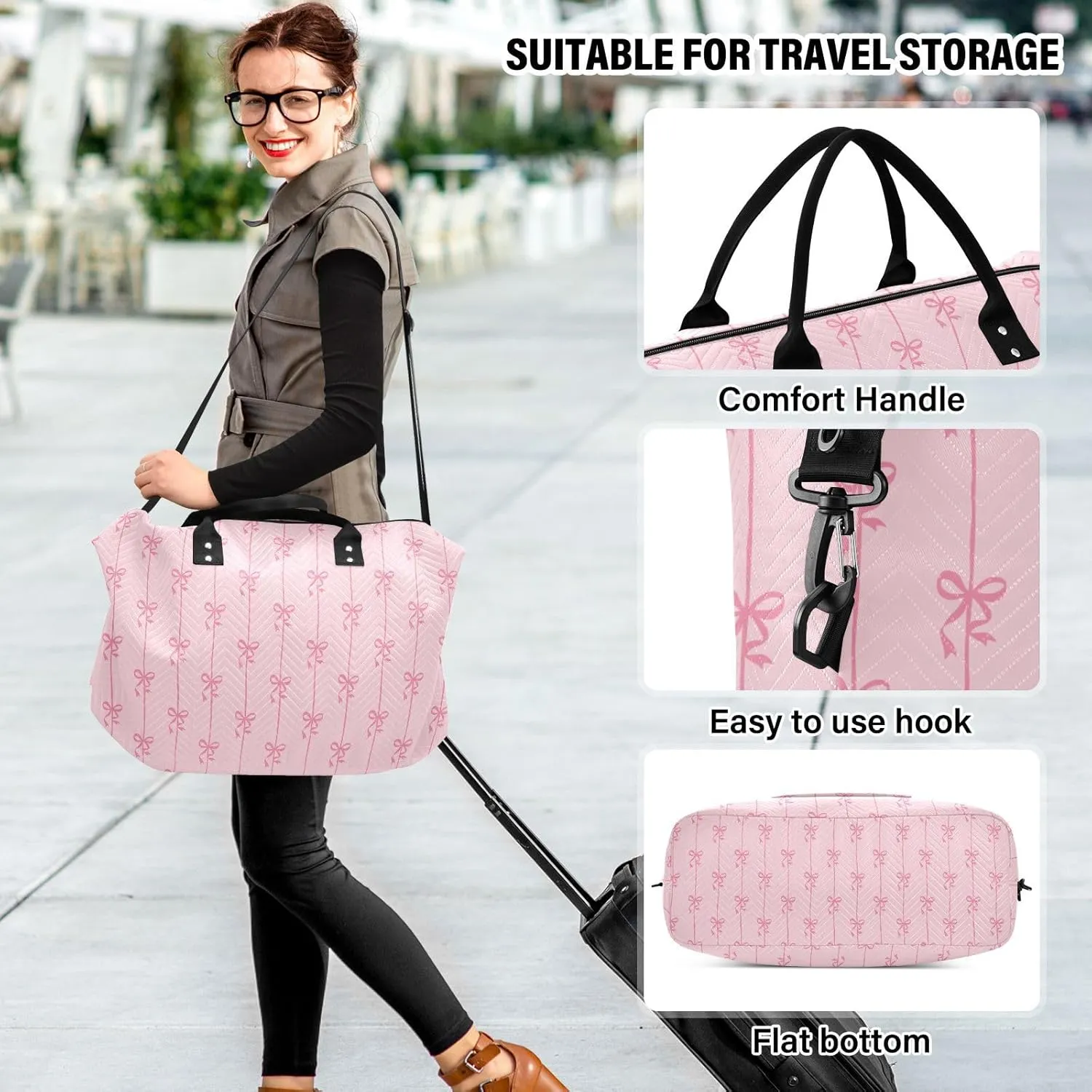 Aslsiy Travel Duffel Bags for Women Ribbons Bow Coquette Sports Duffel Bag Pink Weekender Bags Gym Bag with Toiletry Bag Carry on Overnight Bag
