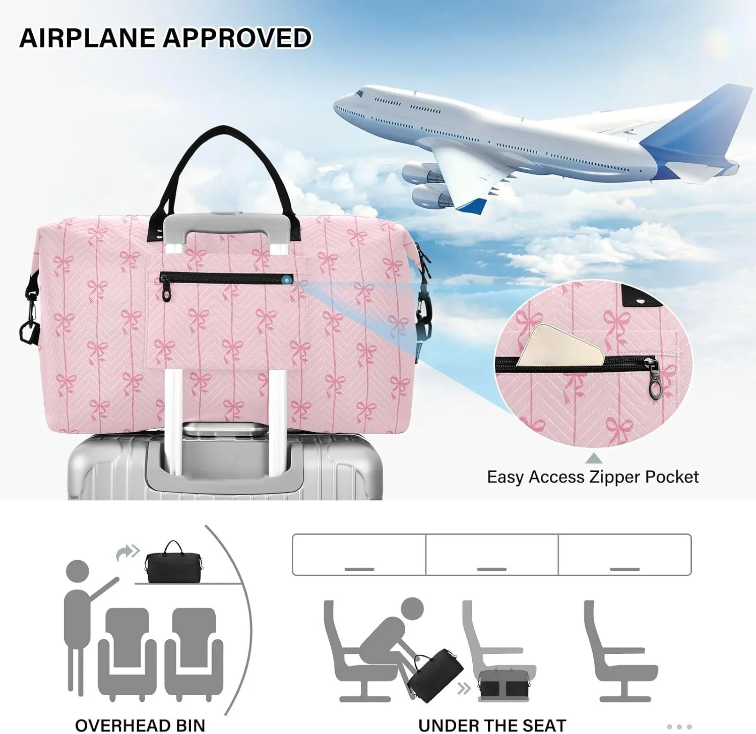 Aslsiy Travel Duffel Bags for Women Ribbons Bow Coquette Sports Duffel Bag Pink Weekender Bags Gym Bag with Toiletry Bag Carry on Overnight Bag