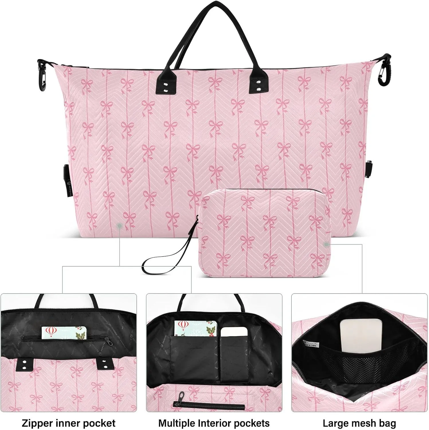 Aslsiy Travel Duffel Bags for Women Ribbons Bow Coquette Sports Duffel Bag Pink Weekender Bags Gym Bag with Toiletry Bag Carry on Overnight Bag