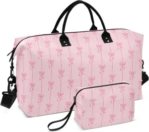 Aslsiy Travel Duffel Bags for Women Ribbons Bow Coquette Sports Duffel Bag Pink Weekender Bags Gym Bag with Toiletry Bag Carry on Overnight Bag