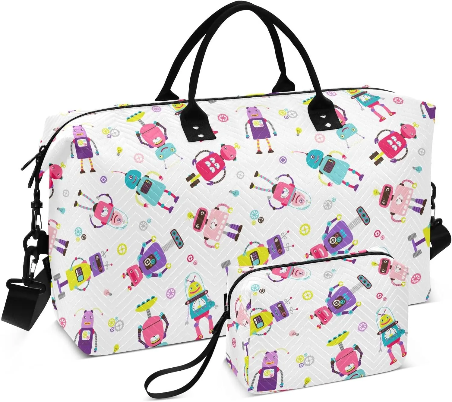 Aslsiy Travel Duffel Bags for Women Robots Aliens Cute Sports Duffel Bag Bolts Weekender Bags Gym Bag with Toiletry Bag Carry on Overnight Bag