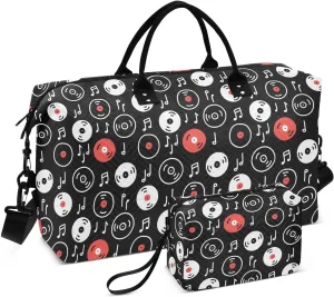 Aslsiy Travel Duffel Bags for Women Vinyl Records Music Notes Sports Duffel Bags Black Weekender Bags Gym Bag with Toiletry Bag Carry on Overnight Bag