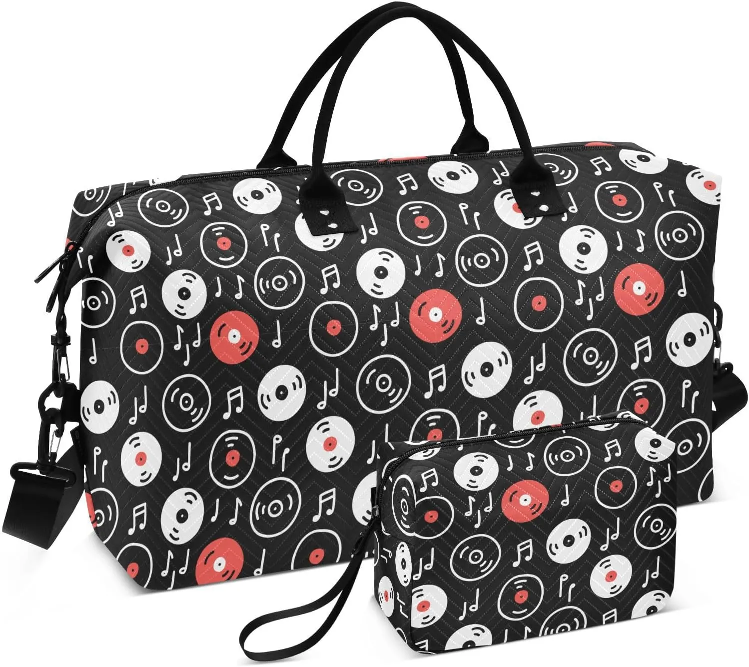 Aslsiy Travel Duffel Bags for Women Vinyl Records Music Notes Sports Duffel Bags Black Weekender Bags Gym Bag with Toiletry Bag Carry on Overnight Bag