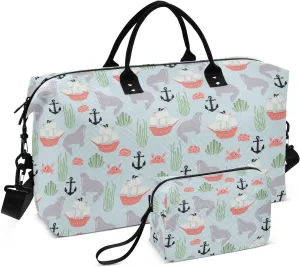 Aslsiy Travel Duffel Bags for Women Walrus Ship Crab Seaweed Sports Duffel Bags Weekender Bags Gym Bag with Toiletry Bag Carry on Overnight Bag