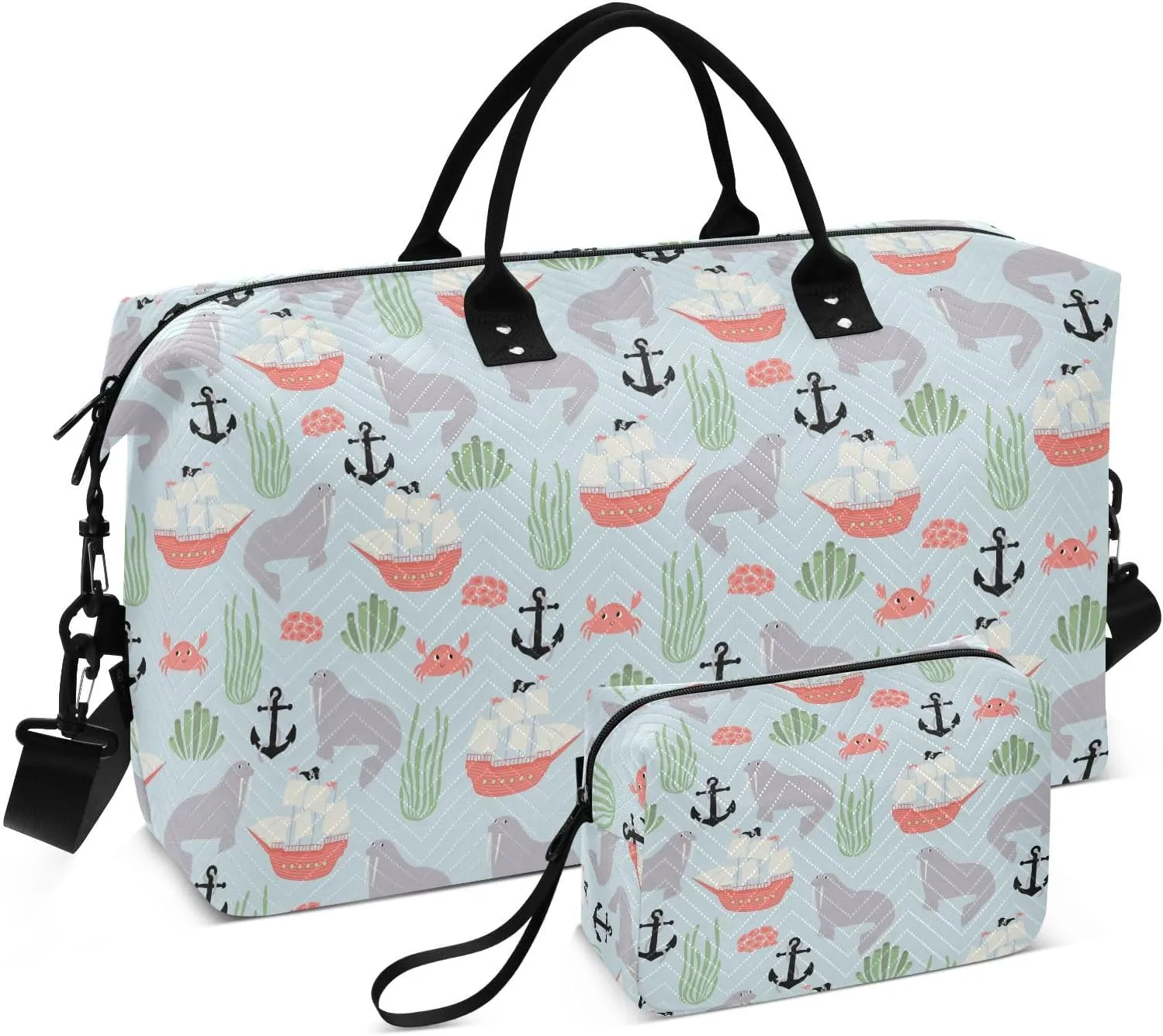 Aslsiy Travel Duffel Bags for Women Walrus Ship Crab Seaweed Sports Duffel Bags Weekender Bags Gym Bag with Toiletry Bag Carry on Overnight Bag