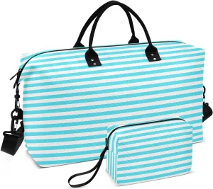 Aslsiy Travel Duffel Bags for Women White and Blue Straight Line Sports Duffel Bags Weekender Bags Gym Bag with Toiletry Bag Carry on Overnight Bag