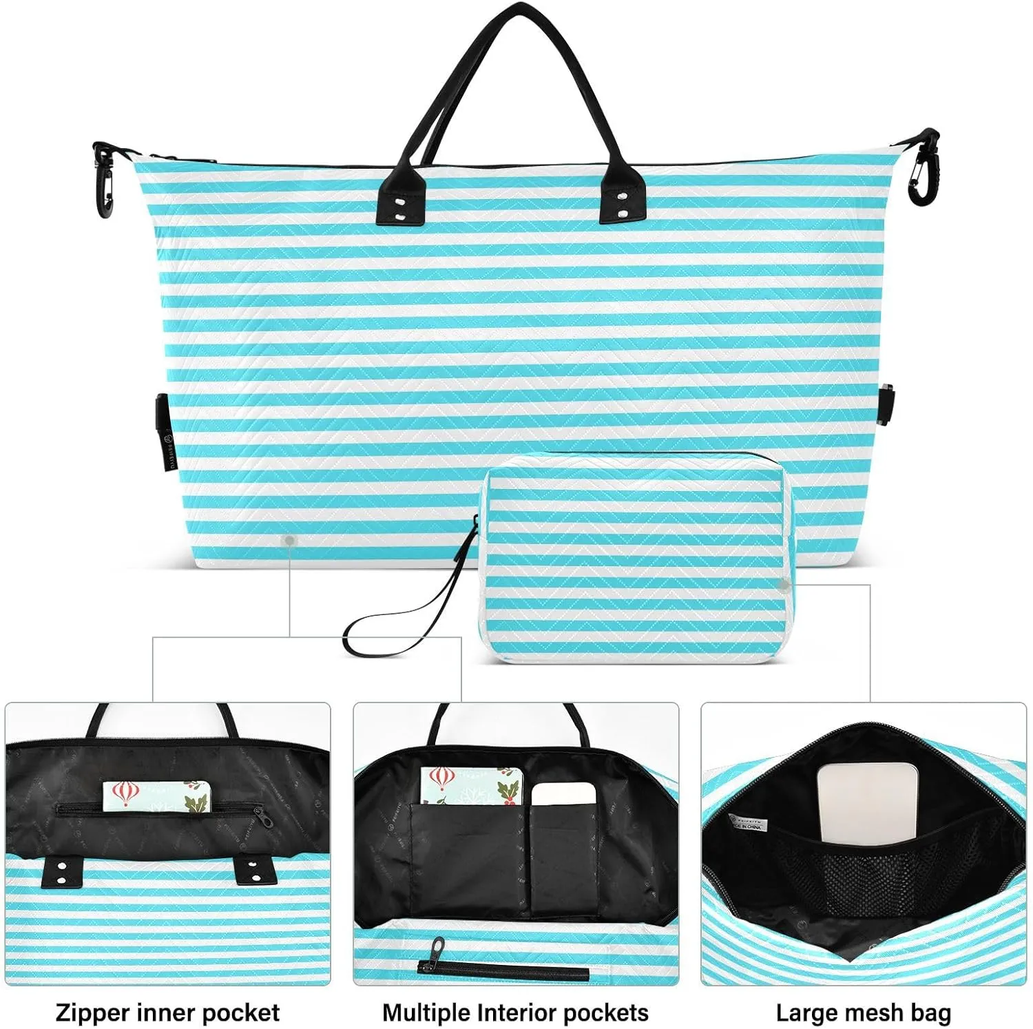 Aslsiy Travel Duffel Bags for Women White and Blue Straight Line Sports Duffel Bags Weekender Bags Gym Bag with Toiletry Bag Carry on Overnight Bag