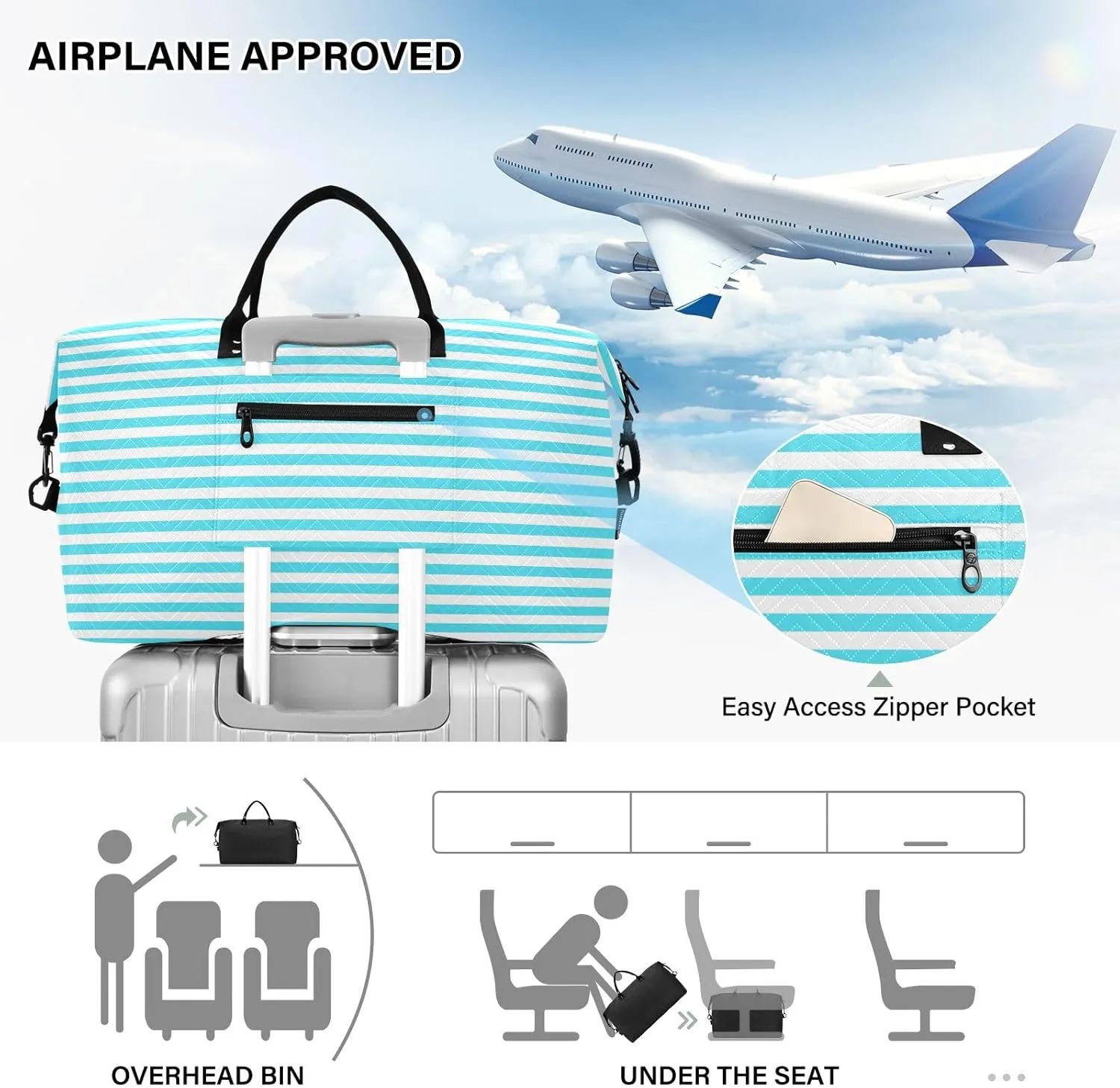 Aslsiy Travel Duffel Bags for Women White and Blue Straight Line Sports Duffel Bags Weekender Bags Gym Bag with Toiletry Bag Carry on Overnight Bag