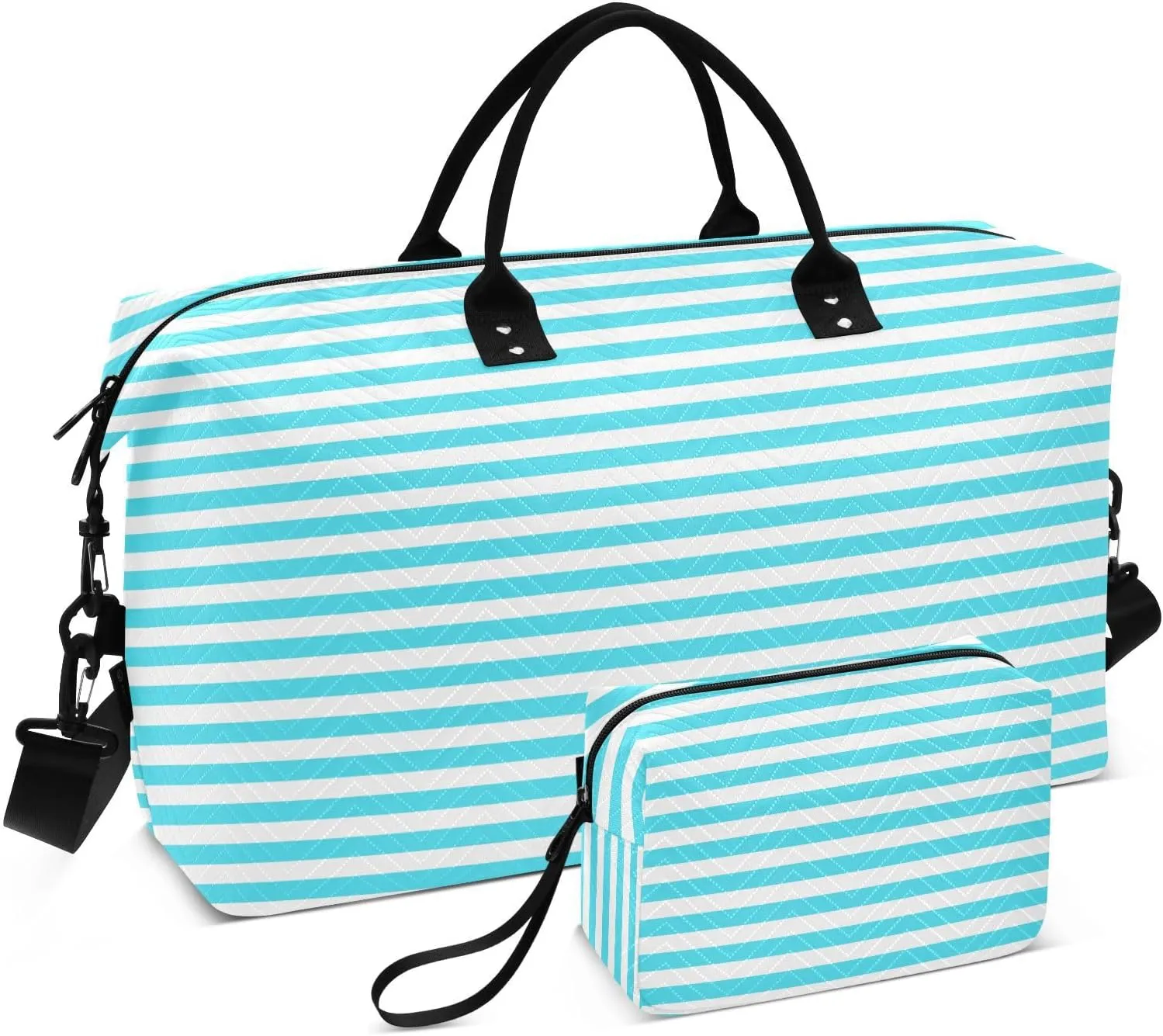 Aslsiy Travel Duffel Bags for Women White and Blue Straight Line Sports Duffel Bags Weekender Bags Gym Bag with Toiletry Bag Carry on Overnight Bag
