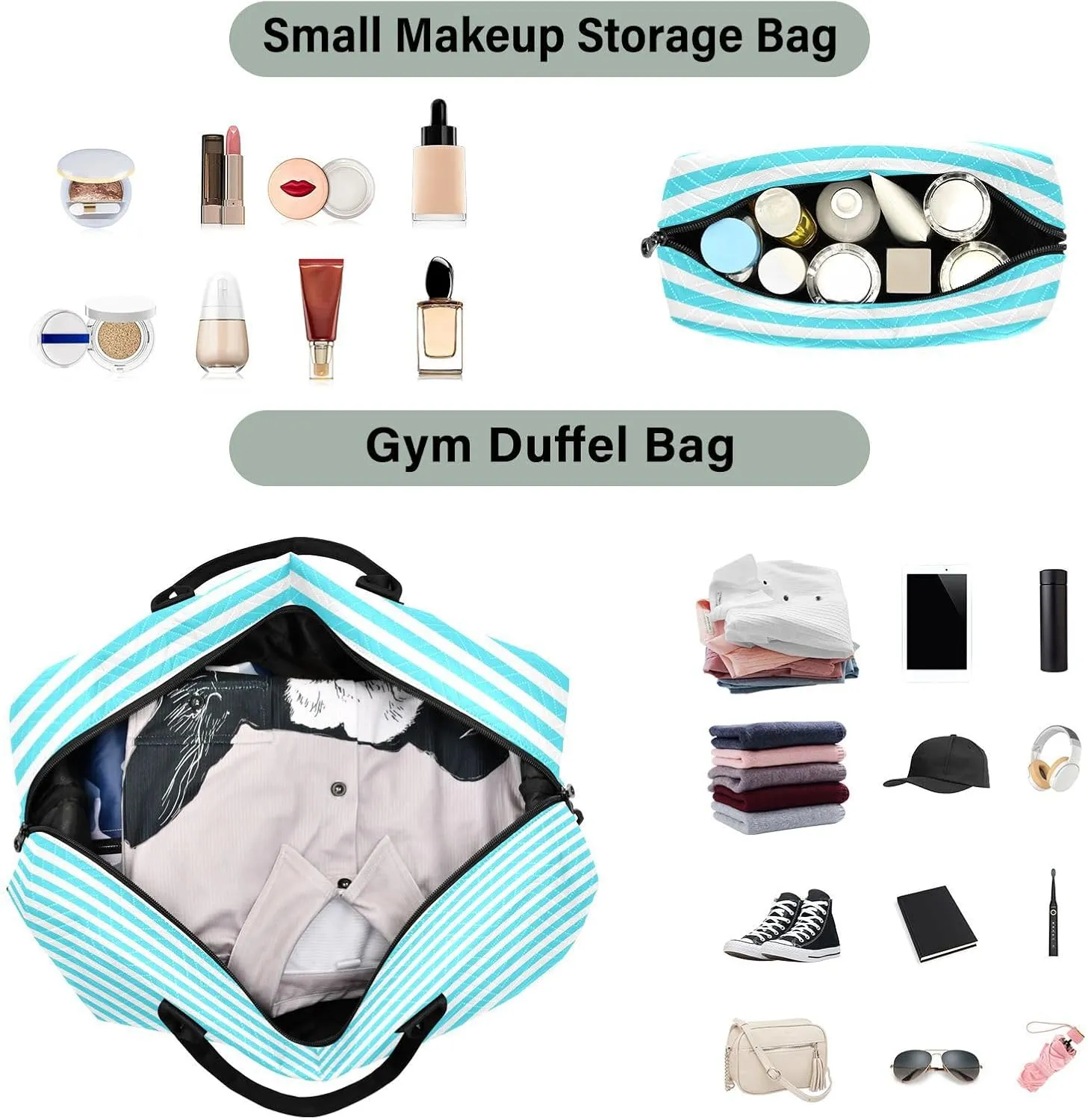 Aslsiy Travel Duffel Bags for Women White and Blue Straight Line Sports Duffel Bags Weekender Bags Gym Bag with Toiletry Bag Carry on Overnight Bag