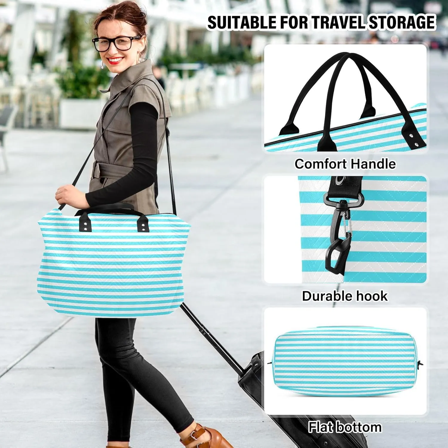 Aslsiy Travel Duffel Bags for Women White and Blue Straight Line Sports Duffel Bags Weekender Bags Gym Bag with Toiletry Bag Carry on Overnight Bag