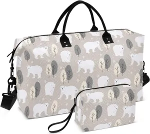 Aslsiy Travel Duffel Bags for Women White Polar Bear Sports Duffel Bag Snowfall Forest Weekender Bags Gym Bag with Toiletry Bag Carry on Overnight Bag