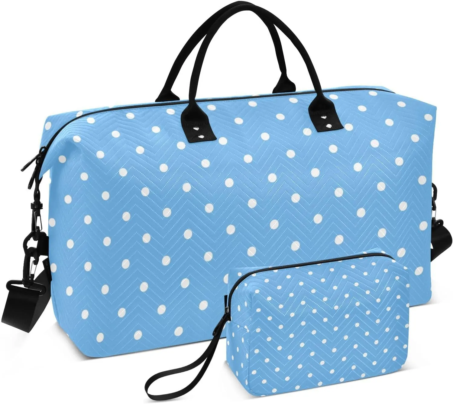 Aslsiy Travel Duffel Bags for Women White Polka Dots Weekender Bags Sky Blue Sports Duffel Bags Gym Bag with Toiletry Bag Carry on Overnight Bag
