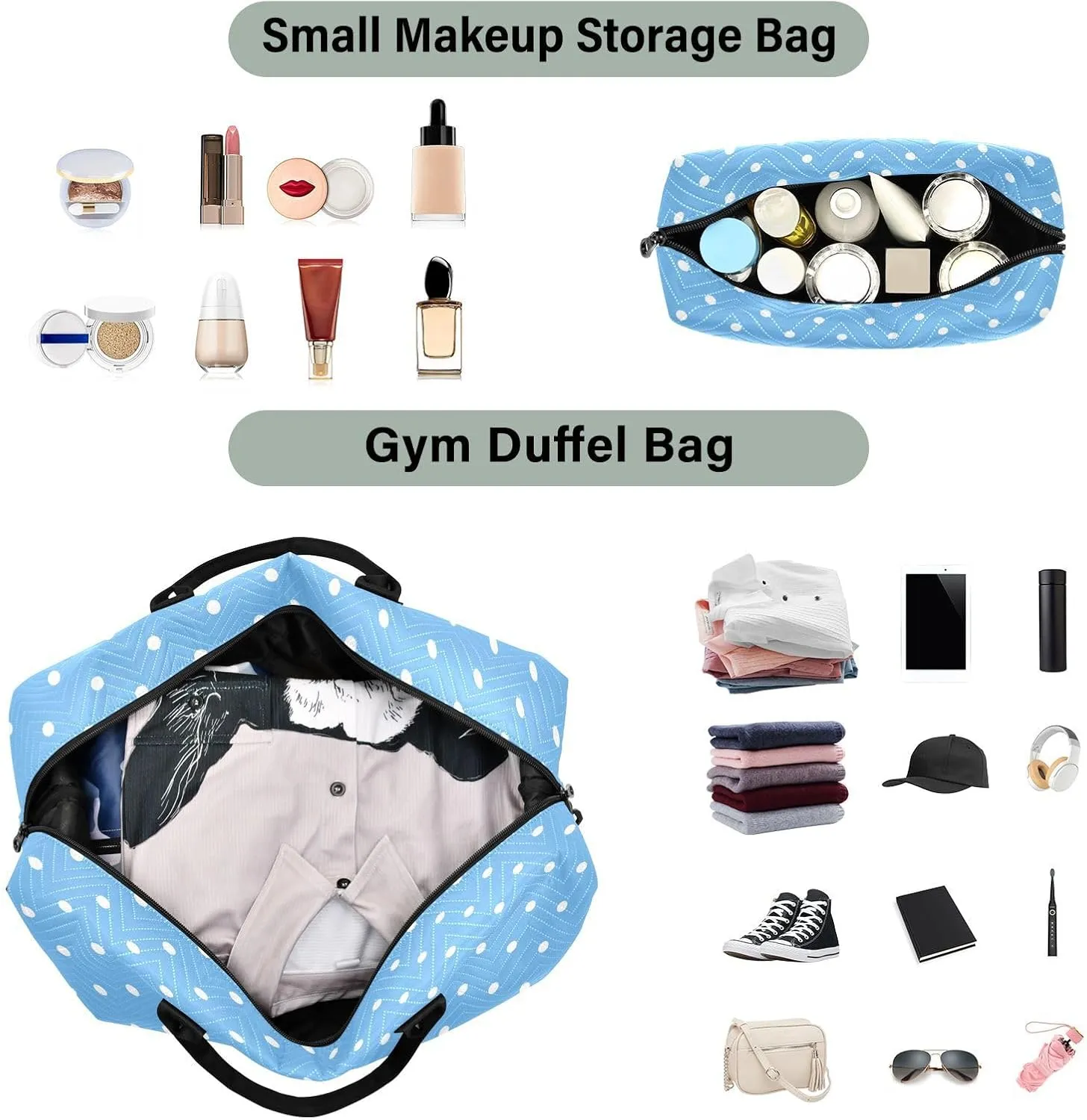 Aslsiy Travel Duffel Bags for Women White Polka Dots Weekender Bags Sky Blue Sports Duffel Bags Gym Bag with Toiletry Bag Carry on Overnight Bag