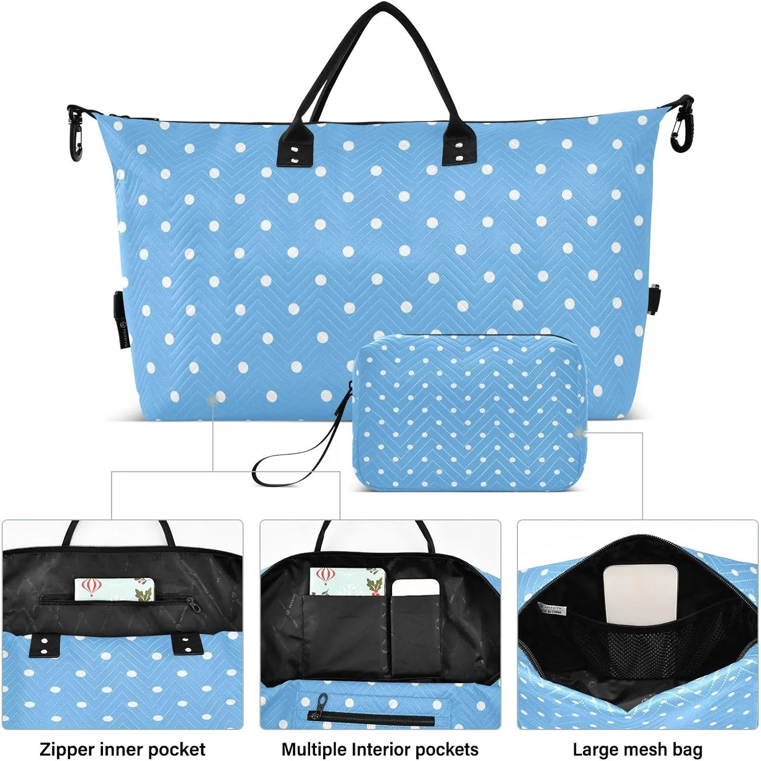 Aslsiy Travel Duffel Bags for Women White Polka Dots Weekender Bags Sky Blue Sports Duffel Bags Gym Bag with Toiletry Bag Carry on Overnight Bag