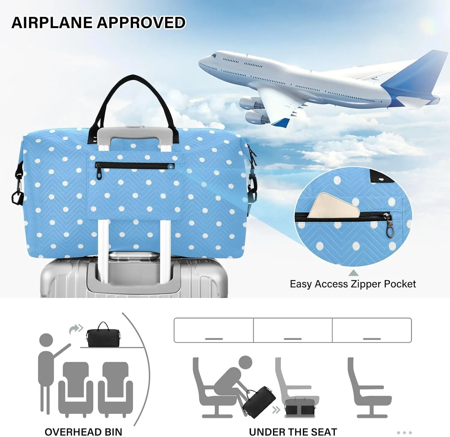 Aslsiy Travel Duffel Bags for Women White Polka Dots Weekender Bags Sky Blue Sports Duffel Bags Gym Bag with Toiletry Bag Carry on Overnight Bag
