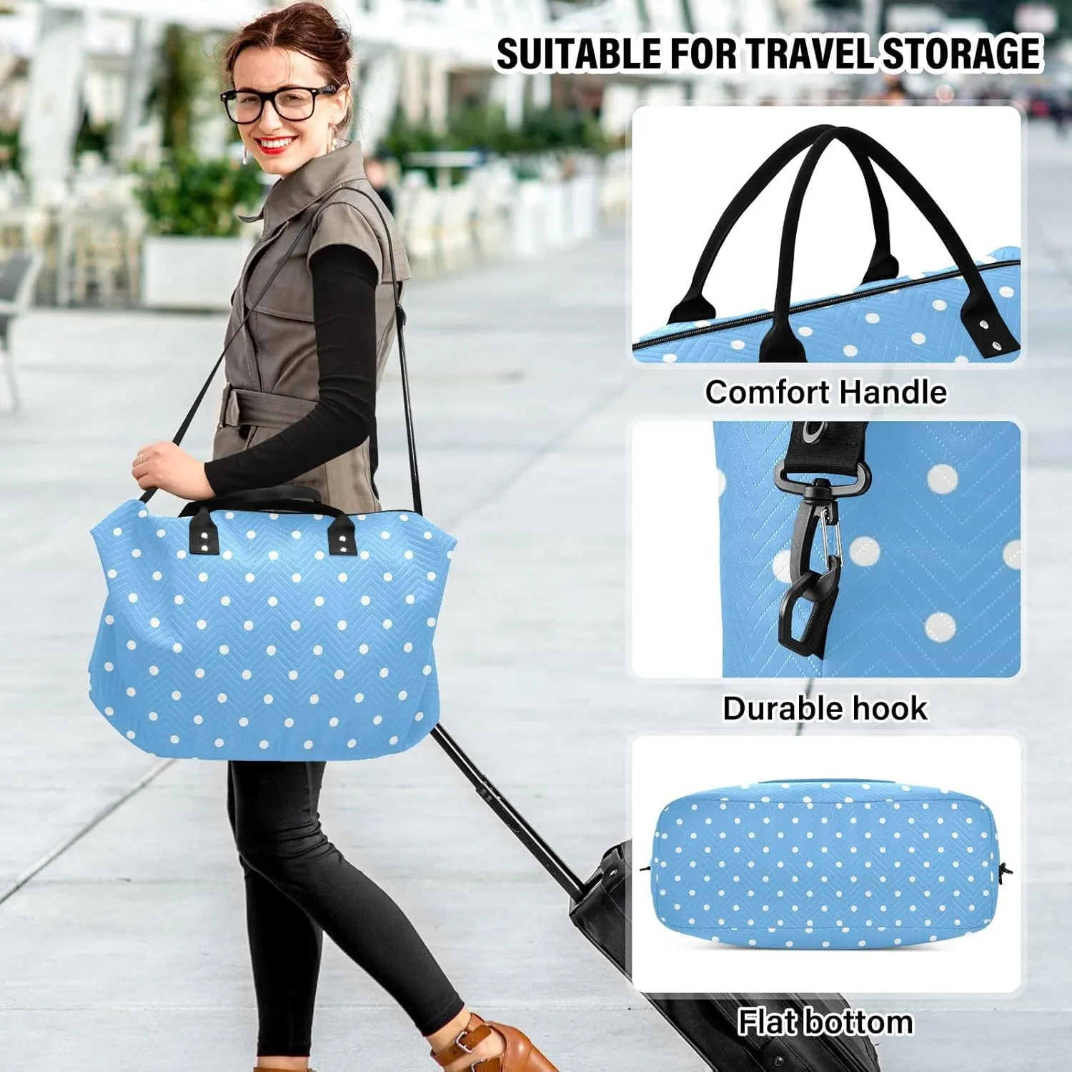 Aslsiy Travel Duffel Bags for Women White Polka Dots Weekender Bags Sky Blue Sports Duffel Bags Gym Bag with Toiletry Bag Carry on Overnight Bag